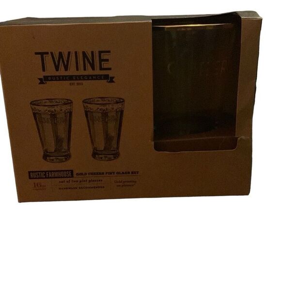 NEW Rustic Farmhouse by Twine Gold Rimmed Cheers Pint Glass Beer Set Lot of 2 - Picture 8 of 8